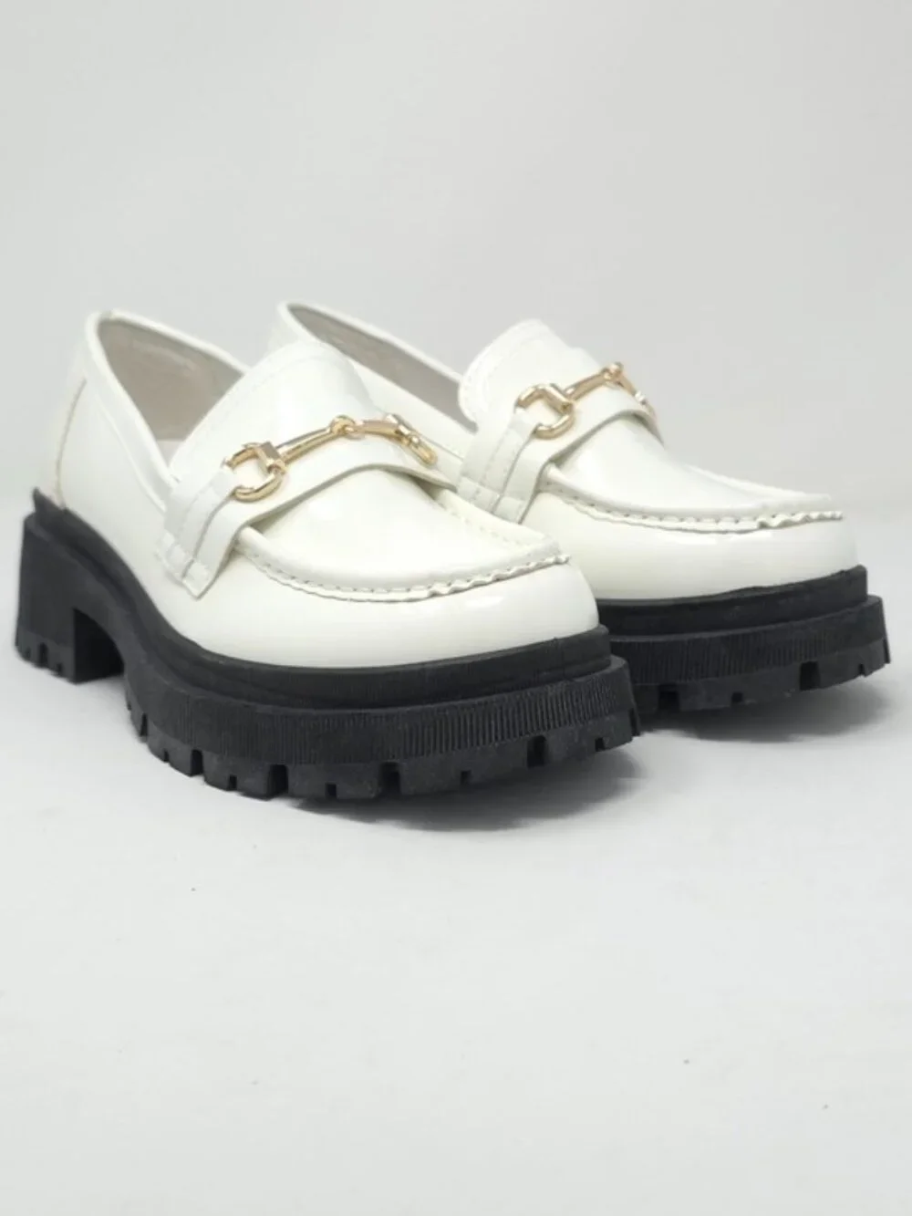 White Chunky Platform Loafers Gold Chain Lug Sole Slip On Trendy - Picture 2 of 10